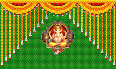 Marigold Flower and Weaved Coconut Leaf (Kobbariaaku) with Ganeshji Design Backdrop for Pooja Decoration Traditional Curtain Cloth for Festival