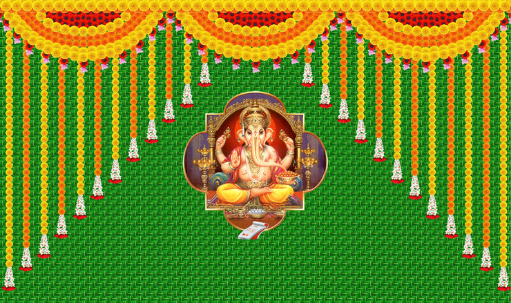 Marigold Flower and Weaved Coconut Leaf (Kobbariaaku) with Ganeshji Design Backdrop for Pooja Decoration Traditional Curtain Cloth for Festival