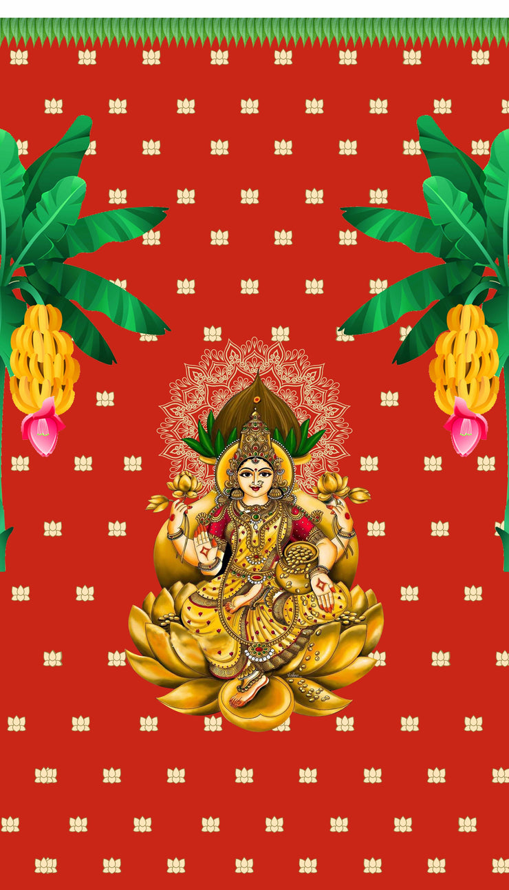 Traditional Varamahalakshmi Backdrop Cloth for Festival Decoration/Varamahalakshmi Pooja Lakshmi Devi in Golden Lotus Background Curtain