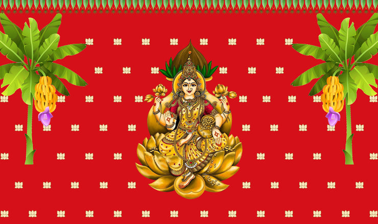 Traditional Varamahalakshmi Backdrop for Pooja Event Home Decoration Lakshmi Devi in Golden Lotus Background Curtain Cloth for Festival