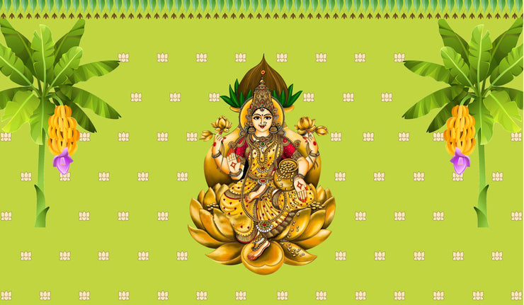 Traditional Varamahalakshmi Backdrop Cloth for Festival Decoration/Varamahalakshmi Pooja/Lakshmi Devi in Golden Lotus Background Curtain