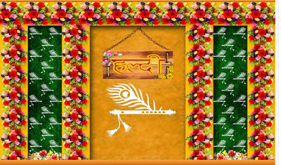 Haldi with Flute Design Backdrop Cloth for All Festivals/House Hold Functions/Haldi Function & Any Traditional Ceremonies :Haldi Design(Washable)
