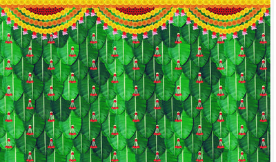 Banana Leaf with Red Hanging Flowers Design Backdrop Cloth for Pooja Decoration Traditional Background Curtain Cloth for Festival