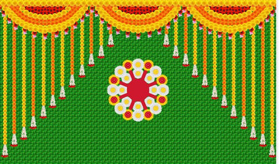 Weaved Coconut Leaf with Flower Rangoli muggu Design Backdrop Cloth for Pooja Decoration Traditional Background Curtain Cloth for Festival