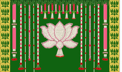 Green Background with Flower's Lotus Design Backdrop Cloth for Pooja Decoration Traditional Background Curtain Cloth for Festival