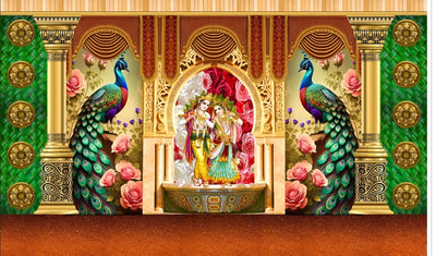 Radha Krishnaji with Peacock Design Backdrop Cloth for Pooja Decoration Traditional Background Curtain Cloth for Festival