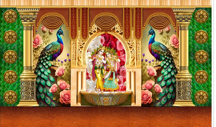 Radha Krishnaji with Peacock Design Backdrop Cloth for Pooja Decoration Traditional Background Curtain Cloth for Festival