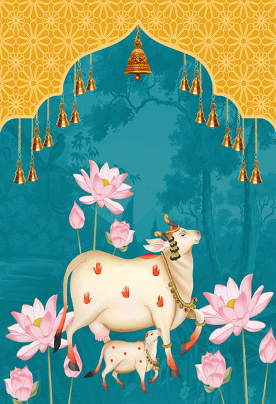 Holy Cow Pichwai Design Backdrop Cloth for Pooja Decoration Traditional Background Curtain Cloth for Festival, Pooja