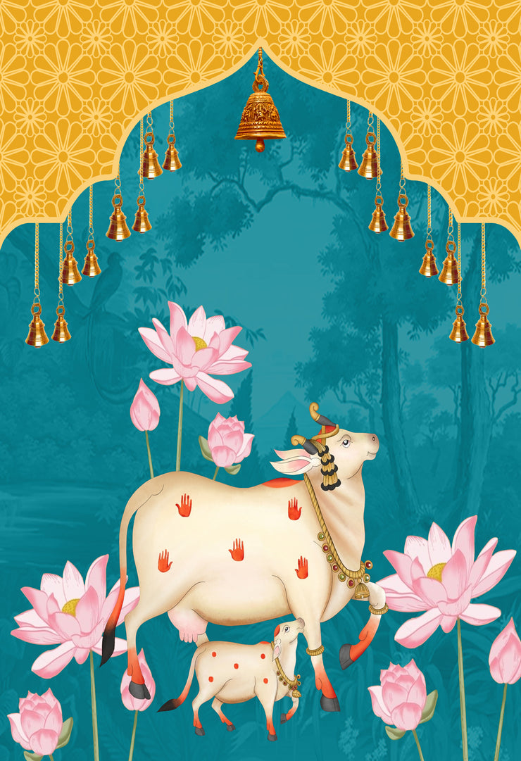 Holy Cow Pichwai Design Backdrop Cloth for Pooja Decoration Traditional Background Curtain Cloth for Festival, Pooja