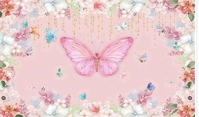 Butterfly Backdrop for Photography, Pink Butterfly Colorful Flowers Blossom Background Princess Birthday Party Banner Photo Booth Props Photoshoot