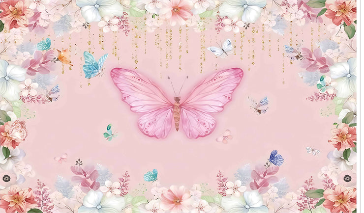 Butterfly Backdrop for Photography, Pink Butterfly Colorful Flowers Blossom Background Princess Birthday Party Banner Photo Booth Props Photoshoot