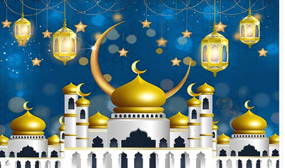 Eid Mubarak Crescent Background Muslim Islamic Mosque Background for Ramadan Kareem. Festivals Party Décor Islam Masjid Backdrop Photo Fabric-Polyester