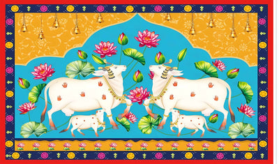 Lotus Cow Pooja Pichwai Backdrop Traditional Pooja Lotus Diwali Festival Photography Background Pooja Wedding Housewarming Diwali Home Decoration