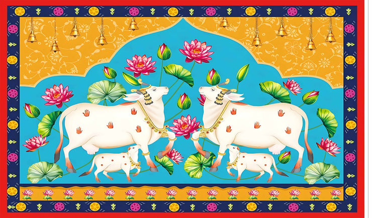Lotus Cow Pooja Pichwai Backdrop Traditional Pooja Lotus Diwali Festival Photography Background Pooja Wedding Housewarming Diwali Home Decoration