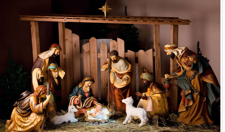Birth of Jesus Photography Backdrop Christ Christmas Manger Scene Figurines Virgin Mary Little Sheep Background Pictures Party Banner Decor Props