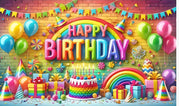 Rainbow with Cake Themed Happy Birthday Design Backdrop for Birthday Decoration Traditional/Background Curtain Cloth for Party/Festival