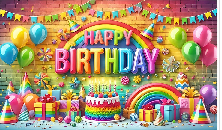 Rainbow with Cake Themed Happy Birthday Design Backdrop for Birthday Decoration Traditional/Background Curtain Cloth for Party/Festival