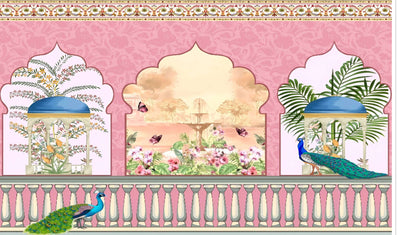 Peacock with Decortion Background Design Backdrop Cloth for Pooja Decoration Traditional Background Curtain Cloth for Festival