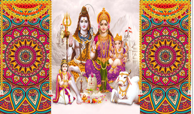 Lord Shiv Parivar Design Backdrop Cloth for Pooja Decoration Traditional/Background Curtain for Festival Fabric