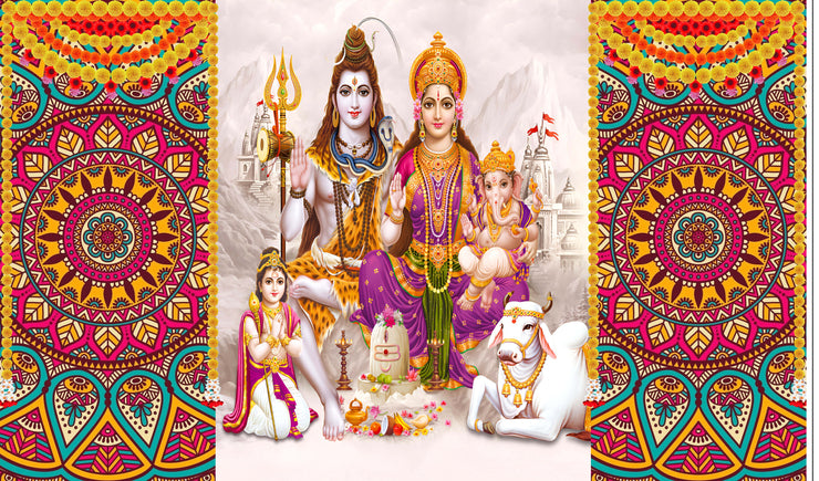 Lord Shiv Parivar Design Backdrop Cloth for Pooja Decoration Traditional/Background Curtain for Festival Fabric