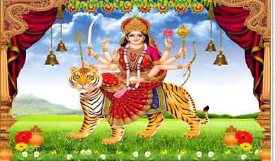 Godess MAA Durga Sherawali MATA Design Backdrop Cloth for Pooja Decoration Traditional/Background Curtain for Festival Fabric