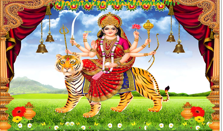 Godess MAA Durga Sherawali MATA Design Backdrop Cloth for Pooja Decoration Traditional/Background Curtain for Festival Fabric