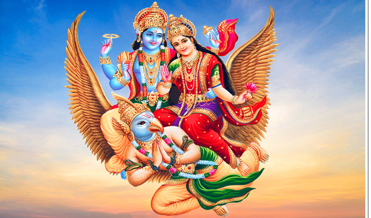 Lord Vishnu and Lakshmiji Riding on GarudaDesign Backdrop Cloth for Pooja Decoration Traditional/Background Curtain Cloth for Festival