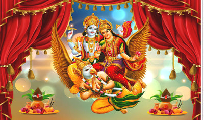 Lord Vishnu and Lakshmiji Riding on GarudaDesign Backdrop Cloth for Pooja Decoration Traditional/Background Curtain Cloth for Festival
