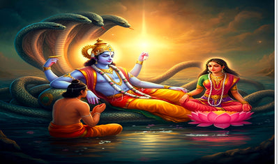 Lord Vishnu with Goddess Lakshmiji Design Backdrop Cloth for Pooja Decoration Traditional/Background Curtain Cloth for Festival