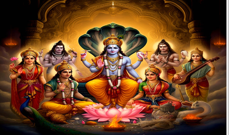 God Vishnu with Laxmi MATA Design Backdrop Cloth for Pooja Decoration Traditional/Background Curtain Cloth for Festival