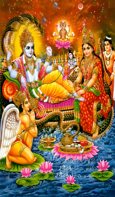 Lord Lakshmi Narayan Design Backdrop Cloth for Pooja Decoration Traditional/Background Curtain Cloth for Festival