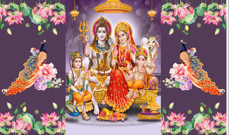 Lord Shiv Parivar Design Backdrop Cloth for Pooja Decoration Traditional/Background Curtain for Festival