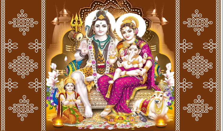 Lord Shiv Parivar Design Backdrop Cloth for Pooja Decoration Traditional/Background Curtain for Festival