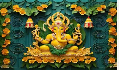 Flower with Ganeshji Design for Pooja Decoration Especially Ganesha Festival Traditional/Background Curtain Cloth for Festival
