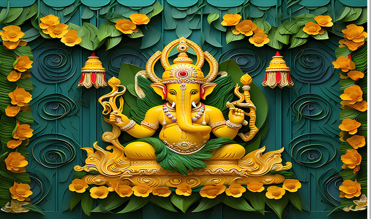 Flower with Ganeshji Design for Pooja Decoration Especially Ganesha Festival Traditional/Background Curtain Cloth for Festival