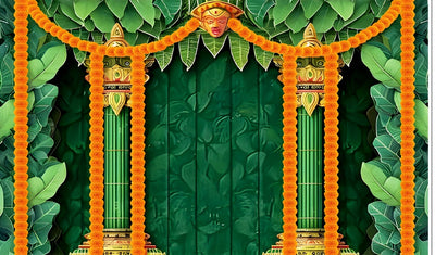 Banana Leaf with Flower Decoration Backdrop Cloth for Pooja Decoration Background Curtain Cloth Fabric-Polyester