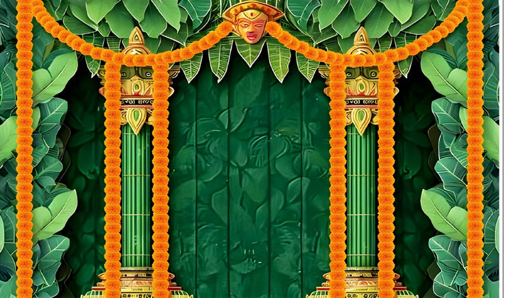 Banana Leaf with Flower Decoration Backdrop Cloth for Pooja Decoration Background Curtain Cloth Fabric-Polyester