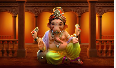 Ganeshji Design Backdrop for Pooja Decoration Especially Ganesha Festival Traditional/Background Curtain Cloth for Festival