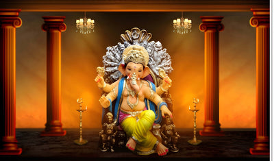 Ganeshji Design Backdrop for Pooja Decoration Especially Ganesha Festival Traditional/Background Curtain Cloth for Festival
