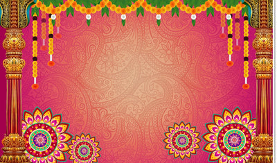 Hanging Flowers with Rangoli Design Photography Backdrops Nature Backdrop Curtain Cloth Birthday Background Seamless Photo Booth Prop Backdrop