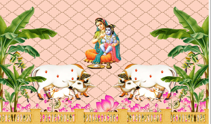 Yashoda Maata with Lord Krishna Design Backdrop Cloth for Pooja Decoration Traditional Background Curtain Cloth for Festival
