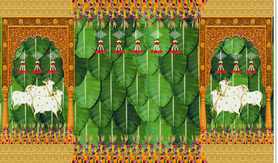 Banana Leaf and Hanging Flower with Cows and Design Decoration Backdrop Cloth for Pooja Decoration Tradition Festival