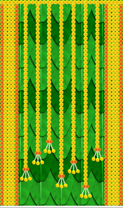 Marigold Flower with Banana Leaf Design Backdrop Curtain for Decoration Backdrop Cloth for Pooja Decoration Traditional/Festival