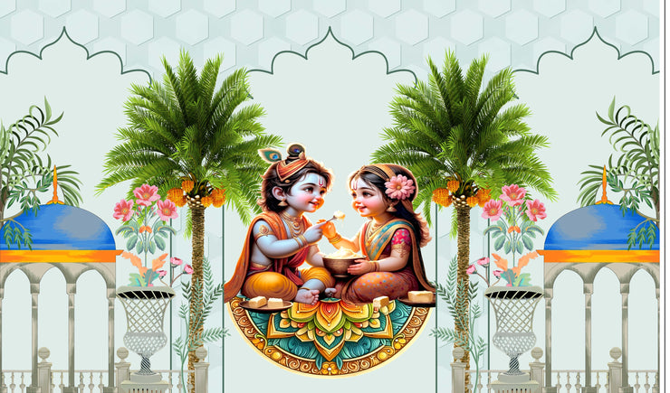 Cute Little Radha Krishna Design for Pooja Decoration Especially Krishna Janmashtami Festival Traditional/Background Curtain Cloth for Festival