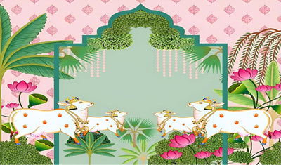 Holy Cow Kamdhenu Divine Pichwai Design Backdrop Cloth for Pooja Decoration Traditional Background Curtain Cloth for Festival